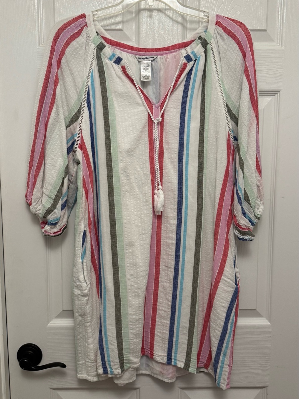 Tommy Bahama White Tunic Dress with Pink, Blue and Green Stripes
